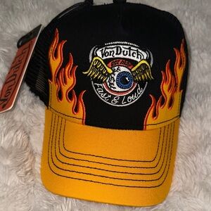 Von Dutch Black and Yellow Flame Trucker Hat